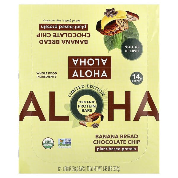 Органические протеиновые батончики Aloha, Banana Bread Chocolate Chip, 12 батончиков, по 1.98 унции (56 г) каждый