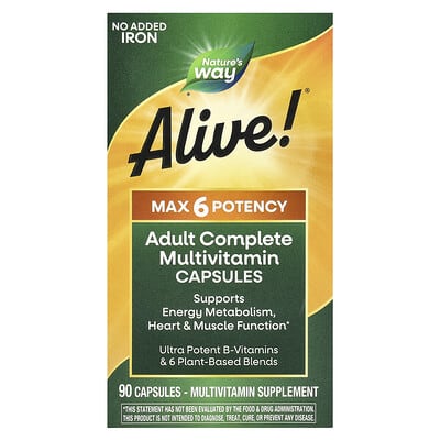 Alive!® Max6 Potency, комплексный мультивитамин для взрослых, без добавленного железа, 90 капсул