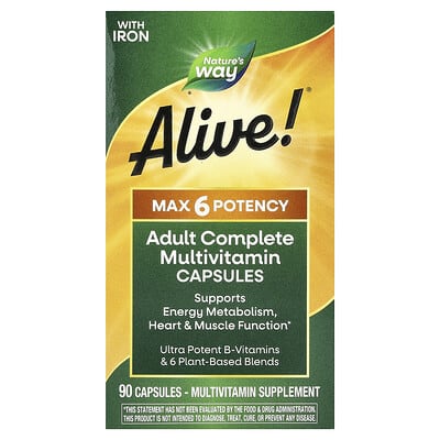 Alive!® Max 6 Potency, комплекс мультивитаминов для взрослых с железом, 90 капсул