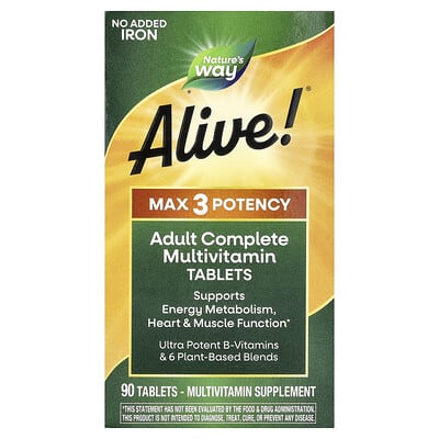 Alive!® Max3 Potency, полный мультивитаминный комплекс для взрослых, без добавленного железа, 90 таблеток