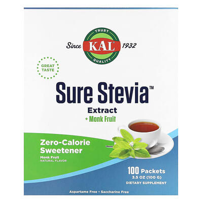 Экстракт стевии + Monk Fruit KAL, 100 пакетиков, 3.5 oz (100 g)