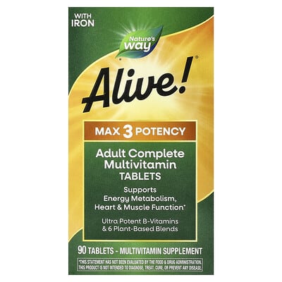 Alive!® Max3 Potency, Мультивитамины для взрослых, с железом, 90 таблеток
