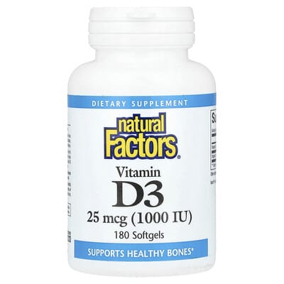 Витамин D3, 25 mcg (1,000 IU), 180 мягких капсул
