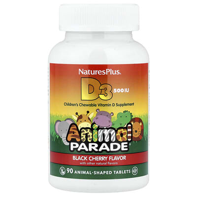 Animal Parade®, витамин D3, черная вишня, 12.5 mcg (500 IU), 90 жевательных таблеток в форме животных
