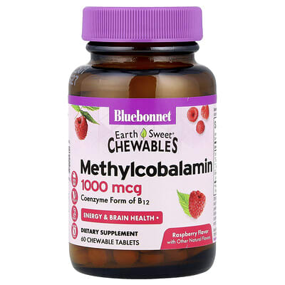 Bluebonnet Nutrition EarthSweet® жевательные таблетки Methylcobalamin, малина 1,000 mcg 60 жевательных таблеток