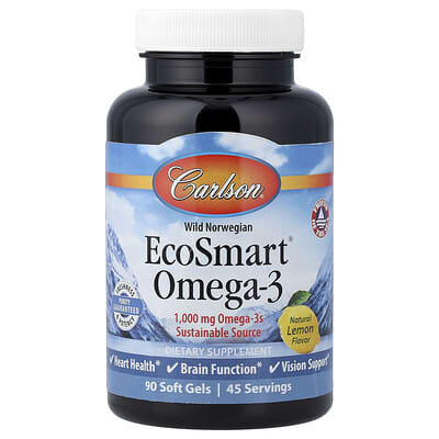 Дикая норвежская Omega-3 EcoSmart®, натуральный лимон, 90 мягких капсул