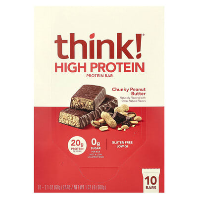 Протеиновые батончики Think! Chunky Peanut Butter, 10 шт, 2.1 oz (60 g) каждый