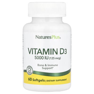 NaturesPlus Витамин D3, 125 mcg (5,000 IU), 60 мягких капсул