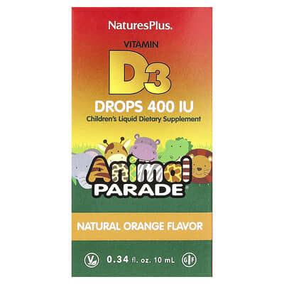 Animal Parade®, Vitamin D3 Drops, Natural Orange, 10 mcg (400 IU), 0.34 fl oz (10 ml)