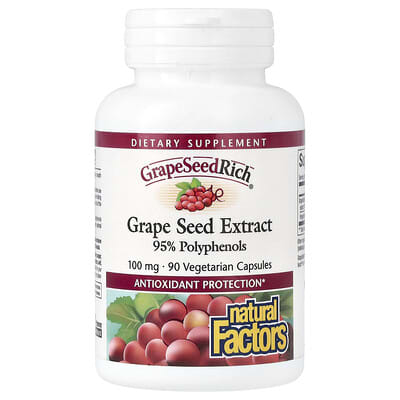 Natural Factors GrapeSeedRich, экстракт виноградных косточек, 100 mg, 90 вегетарианских капсул