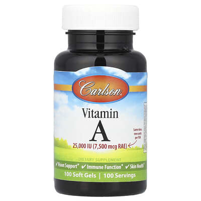 Vitamin A, 7,500 mcg RAE (25,000 IU), 100 Soft Gels