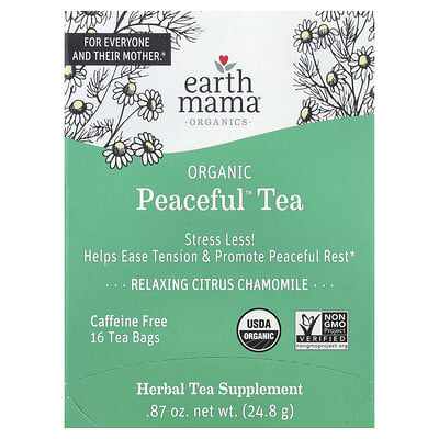 Органический чай Earth Mama Organics Peaceful™ Relaxing Citrus Chamomile, без кофеина, 16 пакетиков, 24.8 g