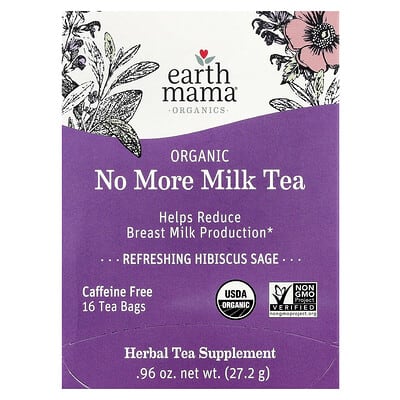 Earth Mama органический чай Organics No More Milk Tea, освежающий гибискус и шалфей, без кофеина, 16 чайных пакетиков, 0.96 oz (27.2 g)