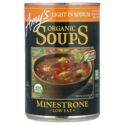 Органический суп Amy's Minestrone, низкая жирность, мало натрия, 14.1 oz (400 g)