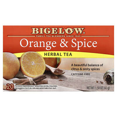 Herbal Tea, Orange & Spice, Caffeine Free, 20 Tea Bags, 1.5 oz (42 g)