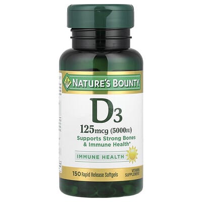 Nature's Bounty витамин D3, 125 mcg (5,000 IU), 150 быстрорастворимых мягких капсул