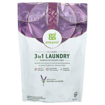 Grab Green Капсулы для стирки 3 в 1, лаванда с ванилью, 24 стирок, 13.5 oz (384 g)