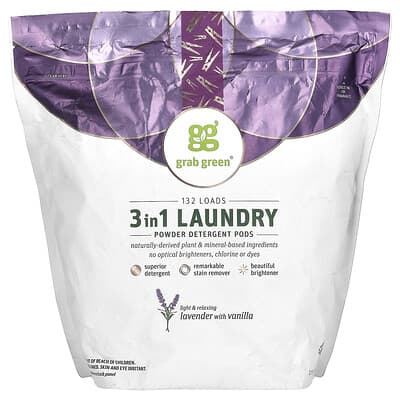 Grab Green Капсулы для стирки 3 в 1, лаванда с ванилью, 132 стирок, 4 lbs 10.4 oz (2,112 g)