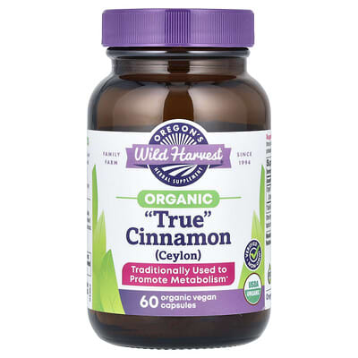 Organic "True" Cinnamon (Ceylon), 60 Organic Vegan Capsules (450 mg per Capsule)