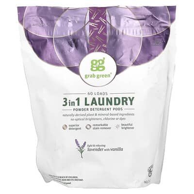 Grab Green Капсулы для стирки 3 в 1, лаванда с ванилью, 60 стирок, 2 lbs 2 oz (960 g)