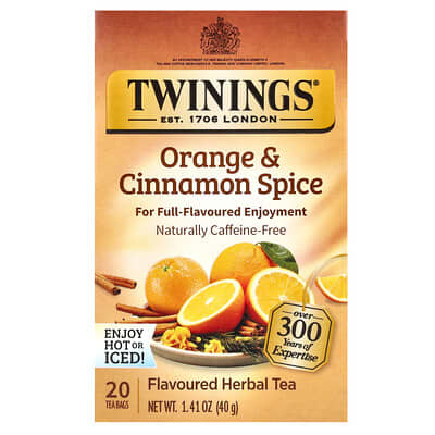 Twinings Травяной чай со вкусом апельсина и корицы, без кофеина, 20 чайных пакетиков, 1.41 oz (40 g)