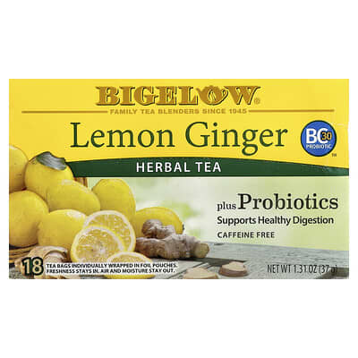 Травяной чай Herbal Tea Plus Probiotics, лимон-имбирь, без кофеина, 18 чайных пакетиков, 1.31 oz (37 g)
