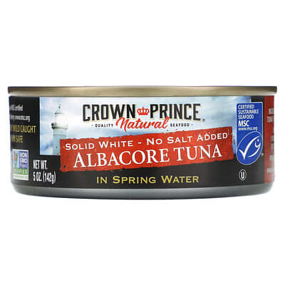 Crown Prince Natural тунец Albacore, Solid White, без добавления соли, в родниковой воде, 5 oz (142 g)