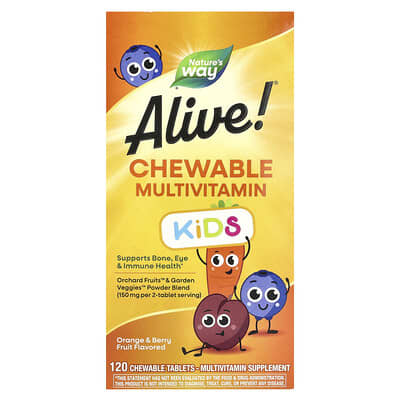 Alive!® Детские жевательные мультивитамины, для детей от 2 лет, апельсин и ягоды, 120 жевательных таблеток