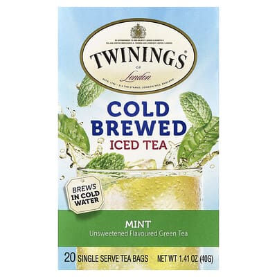 Холодный чай Cold Brew, зеленый чай, мята, без сахара, 20 чайных пакетиков, 1.41 oz (40 g)