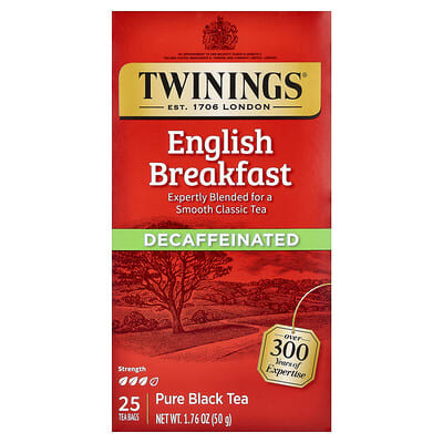 Черный чай Twinings English Breakfast, без кофеина, 25 чайных пакетиков, 1.76 oz (50 g)