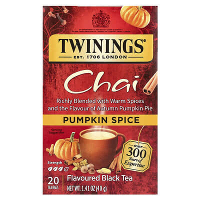 Черный ароматизированный чай, Chai, Pumpkin Spice, 20 чайных пакетиков, 1.41 oz (40 g)