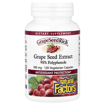 Natural Factors GrapeSeedRich®, экстракт виноградных косточек, 100 mg, 120 вегетарианских капсул