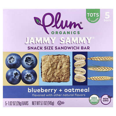 Jammy Sammy®, Snack Size Sandwich Bar, 15+ Months, Blueberry & Oatmeal, 5 Bars, 1.02 oz (29 g) Each