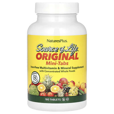 NaturesPlus Source of Life, оригинальные мини-таблетки, мультивитаминный и минеральный комплекс с цельными продуктами, без железа, 180 таблеток