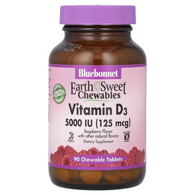 Витамин Bluebonnet Nutrition D3, Raspberry, 5,000 IU (125 mcg), 90 Chewable Tablets
