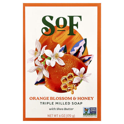 SoF Triple Milled Bar Soap с маслом ши, цветок апельсина и мёд, 6 oz (170 g)