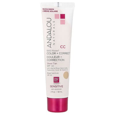 Тональный крем Andalou Naturals 1000 Roses®, Color + Correct, Sensitive, SPF 30, Sheer Tan, 2 fl oz (58 ml)