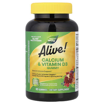 Alive!®, Кальций и витамин D3 жевательные конфеты, малина-лимонад и клубника, 60 штук