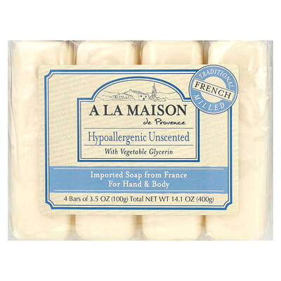 Hand & Body Bar Soap, Hypoallergenic Unscented, 4 шт, 3.5 oz (100 g) Each
