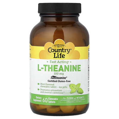 Country Life L-Theanine, Mint, 100 mg, 60 жевательных таблеток