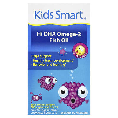 Детский рыбий жир Kids Smart® Hi DHA-Omega 3, фруктовый, 30 жевательных таблеток