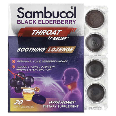 Black Elderberry, Throat Relief, Soothing Lozenge With Honey, 20 Soft Lozenges