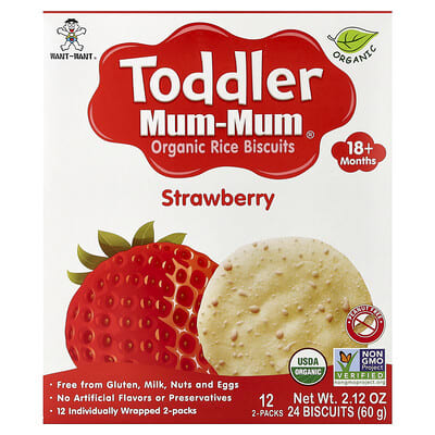 Toddler Mum-Mum®, Organic Rice Biscuits, 18+ Months, Strawberry, 12 Packs, 2 Biscuits Each