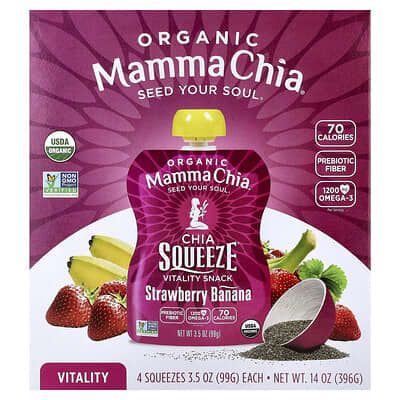 Mamma Chia Organic Chia Squeeze® Vitality Snack, клубника-банан, 4 шт., 3.5 oz (99 g) каждый