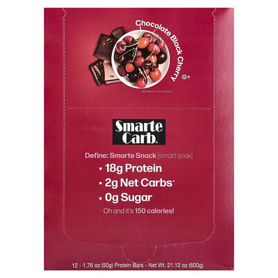 Smarte Carb® Protein Bar, шоколад и черная вишня, 12 батончиков, 1.76 oz (50 g) каждый
