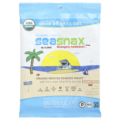 SeaSnax Органические запеченные водоросли Wrapz™, Extra Virgin оливковое масло и морская соль, 5 больших листов, 0.54 oz (15 g)
