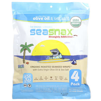 SeaSnax Органические запеченные водоросли Wrapz™, Оливковое масло и морская соль, 20 больших листов, 2.16 oz (60 g)