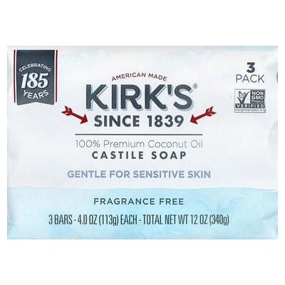 100% Premium Coconut Oil Castile Bar Soap, Fragrance Free, 3 Bars, 4 oz (113 g) Each