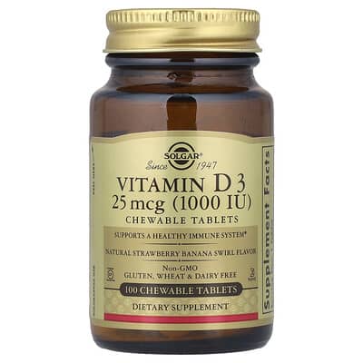 Vitamin D3, Natural Strawberry Banana Swirl, 25 mcg (1,000 IU), 100 Chewable Tablets