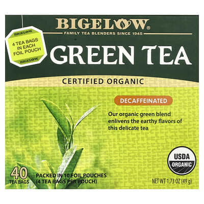 Organic Green Tea, Decaffeinated, 40 чайных пакетиков, 49 g